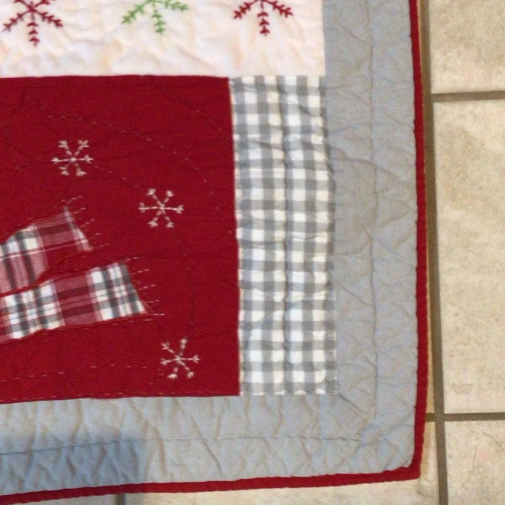 Pottery Barn Kids Holiday Quilt with Santa, Snowman, Reindeer - Red, Green, Gray